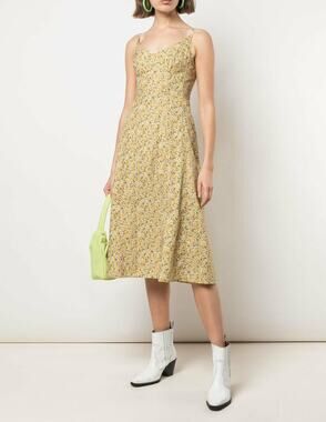 R13 Liberty London Yellow Floral Corset Midi Dress Cotton XS Cottagecore Cotton